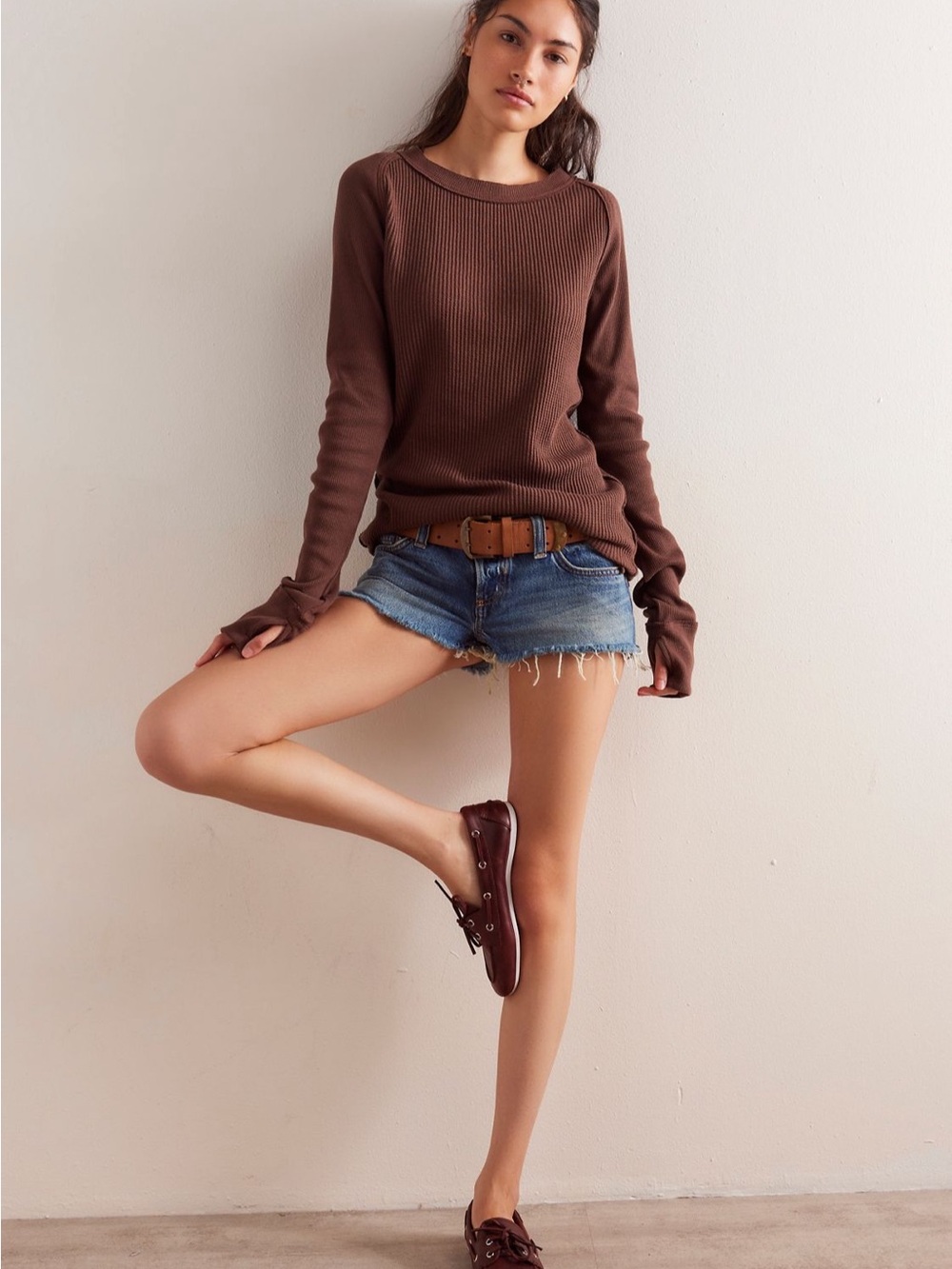 Free People Care Honey B Crewneck Thermal Brown Waffle Knit - Picture 3 of 13
